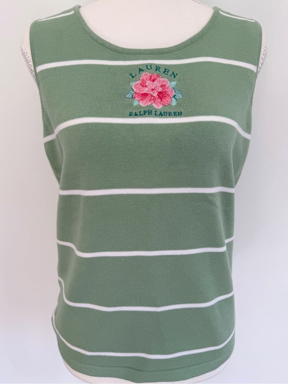 Ralph Lauren Green Striped Sleeveless Knit Top Floral Embroidery Size Small